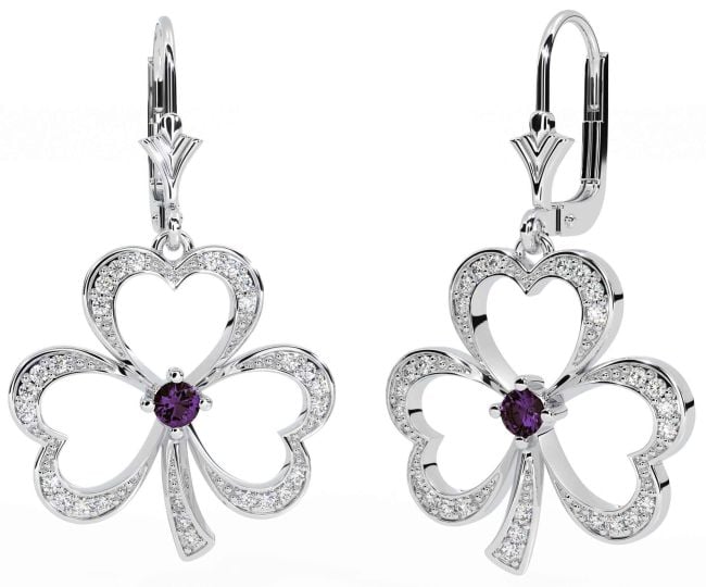 Diamond Alexandrite White Gold Shamrock Dangle Earrings