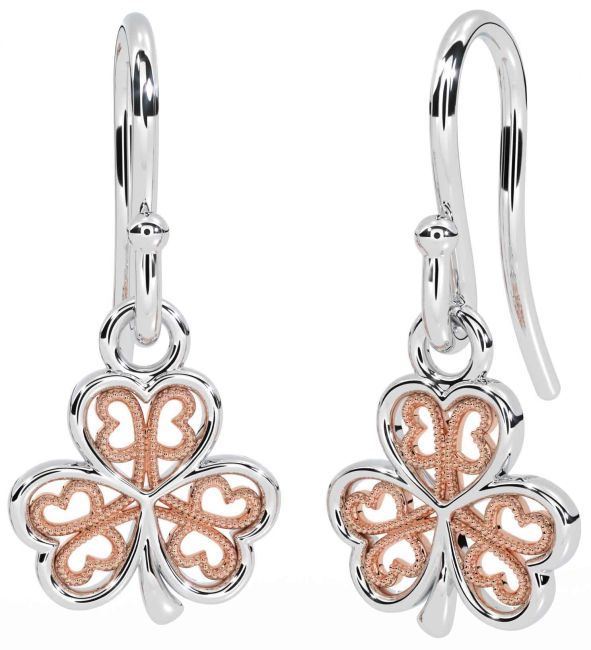 White Rose Gold Shamrock Dangle Earrings