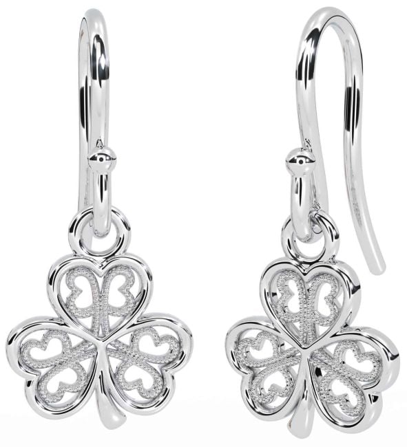 White Gold Shamrock Dangle Earrings