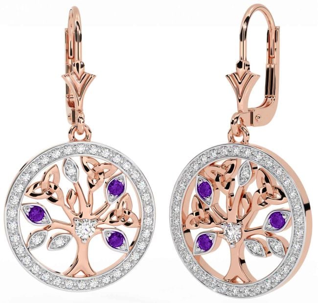 Diamond Amethyst Rose Gold Silver Celtic Tree of Life Trinity Knot Dangle Earrings