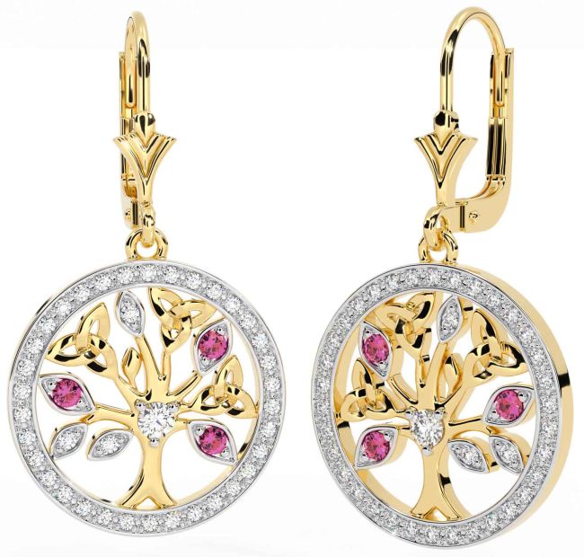 Diamond Pink Tourmaline Gold Silver Celtic Tree of Life Trinity Knot Dangle Earrings