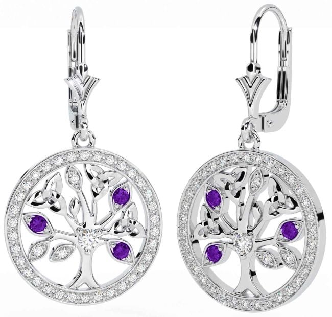 Diamond Amethyst Silver Celtic Tree of Life Trinity Knot Dangle Earrings