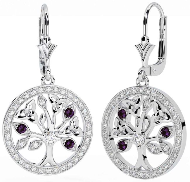 Diamond Alexandrite Silver Celtic Tree of Life Trinity Knot Dangle Earrings