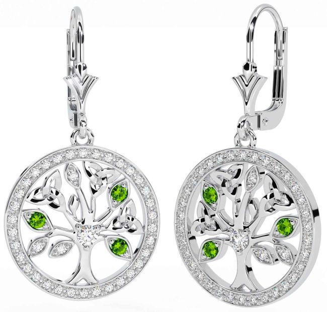 Diamond Peridot Silver Celtic Tree of Life Trinity Knot Dangle Earrings