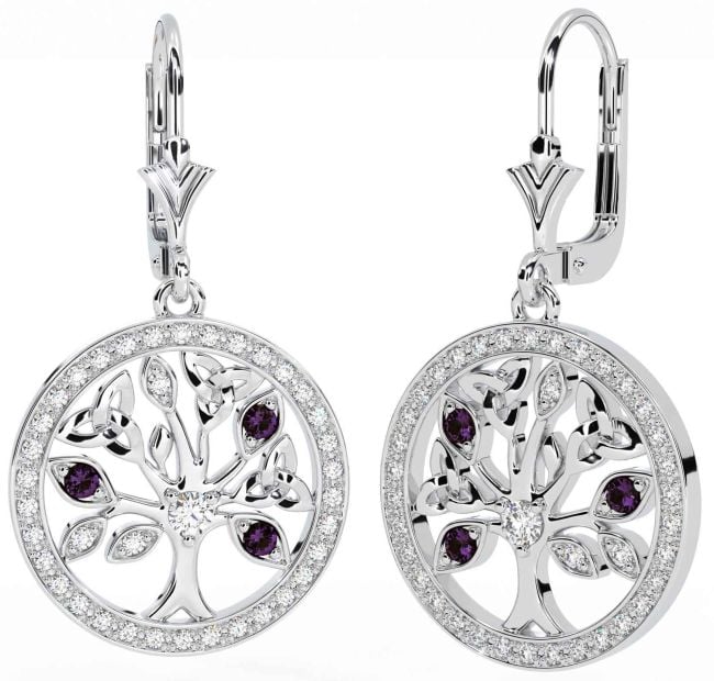 Diamond Alexandrite White Gold Celtic Tree of Life Trinity Knot Dangle Earrings