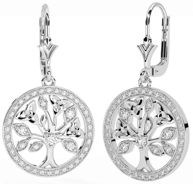 Diamond White Gold Celtic Tree of Life Trinity Knot Dangle Earrings