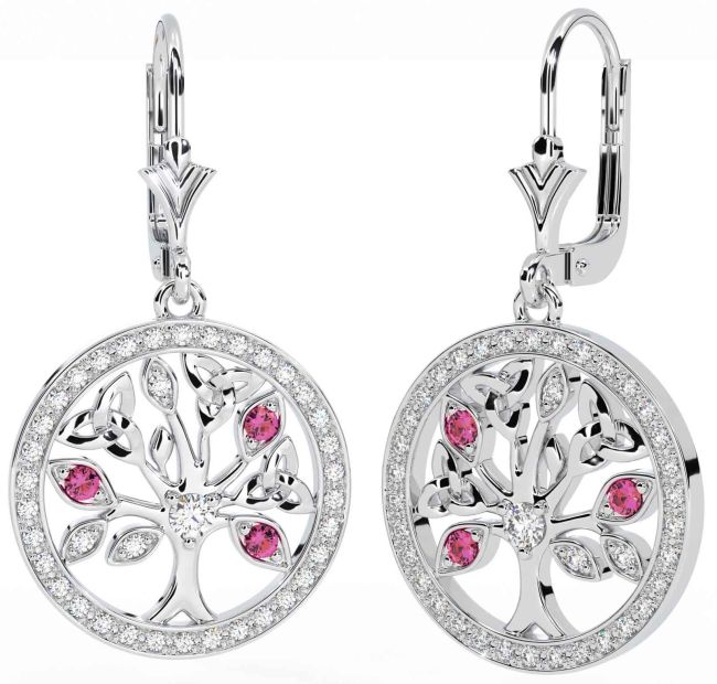 Diamond Pink Tourmaline White Gold Celtic Tree of Life Trinity Knot Dangle Earrings