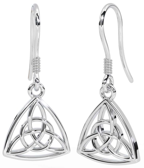 White Gold Celtic Trinity Knot Dangle Earrings
