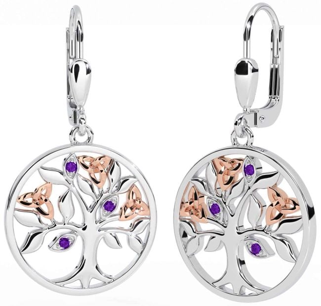 Amethyst Rose Gold Silver Celtic Tree of Life Trinity Knot Dangle Earrings