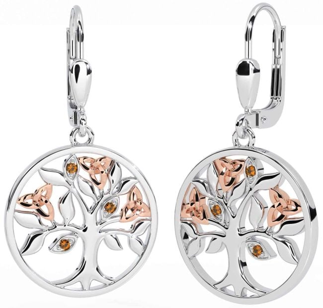 Citrine Rose Gold Silver Celtic Tree of Life Trinity Knot Dangle Earrings