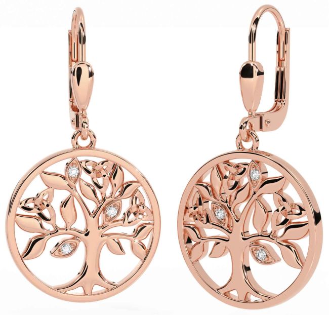 Diamond Rose Gold Silver Celtic Tree of Life Trinity Knot Dangle Earrings