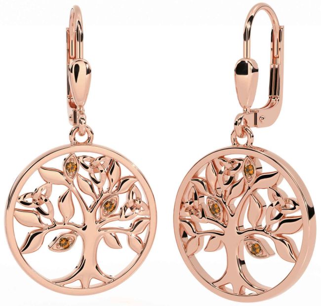 Citrine Rose Gold Celtic Tree of Life Trinity Knot Dangle Earrings