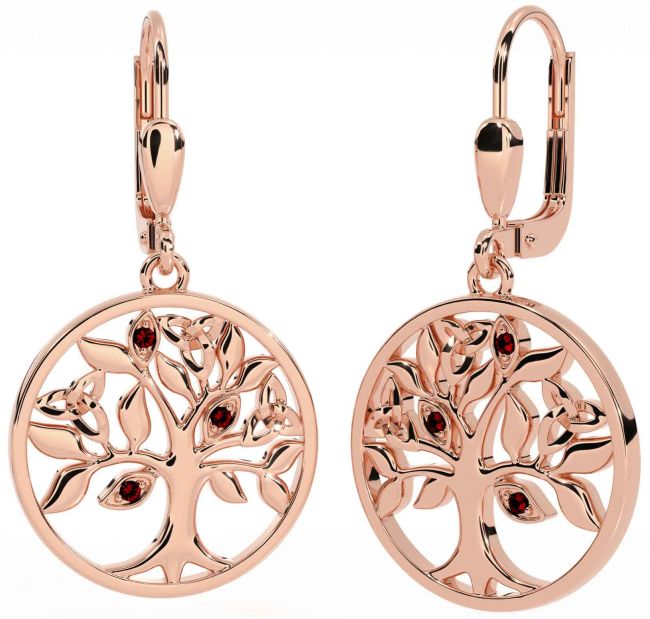 Garnet Rose Gold Celtic Tree of Life Trinity Knot Dangle Earrings