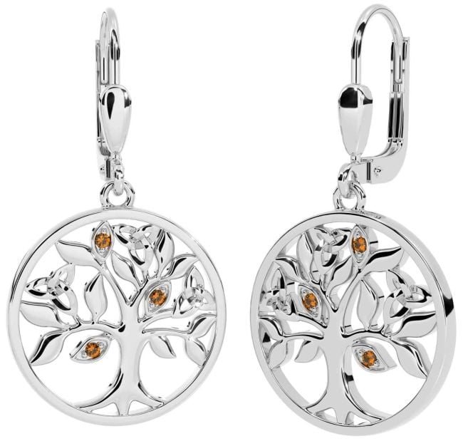 Citrine Silver Celtic Tree of Life Trinity Knot Dangle Earrings