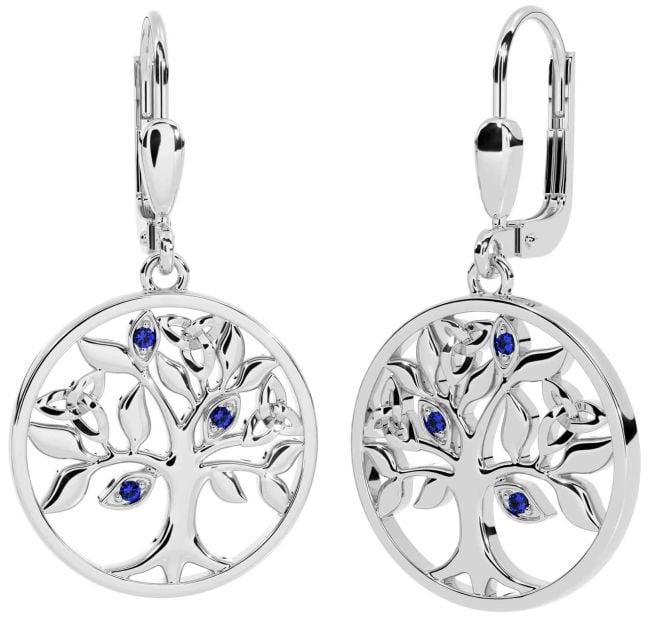 Sapphire Silver Celtic Tree of Life Trinity Knot Dangle Earrings