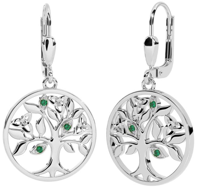 Emerald White Gold Celtic Tree of Life Trinity Knot Dangle Earrings