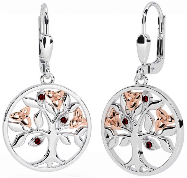 Grenat Blanc Rose Or celtique Arbre de Vie Trinité Noeud Pendre Des boucles d'oreilles