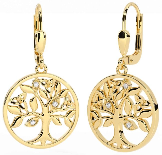 Diamond Gold Celtic Tree of Life Trinity Knot Dangle Earrings