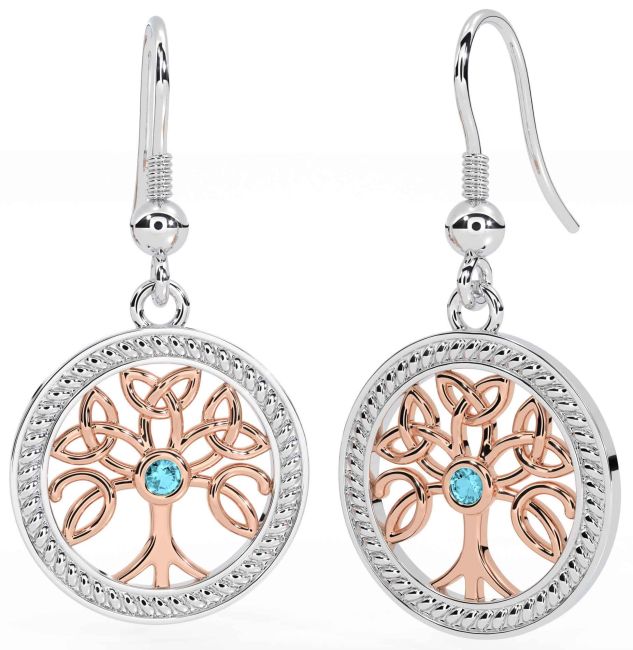 Aquamarine Rose Gold Silver Celtic Tree of Life Trinity Knot Dangle Earrings