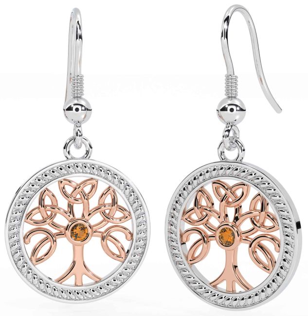 Citrine Rose Gold Silver Celtic Tree of Life Trinity Knot Dangle Earrings
