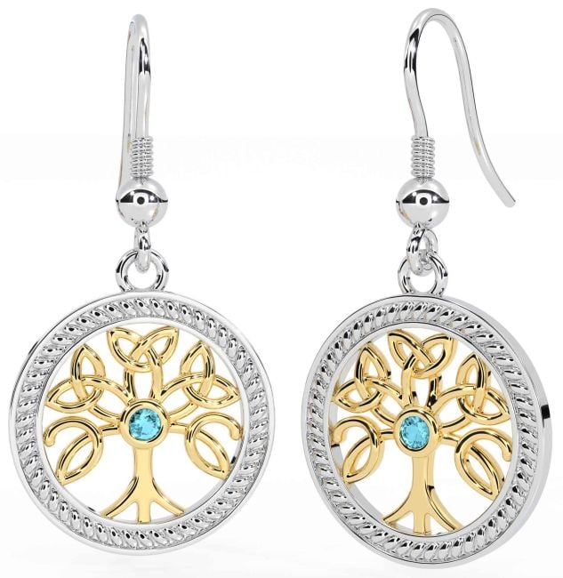 Aquamarine Gold Silver Celtic Tree of Life Trinity Knot Dangle Earrings