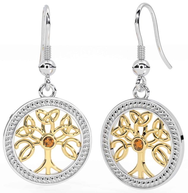Citrine Gold Silver Celtic Tree of Life Trinity Knot Dangle Earrings