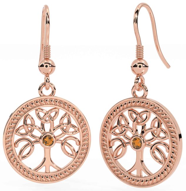 Citrine Rose Gold Silver Celtic Tree of Life Trinity Knot Dangle Earrings