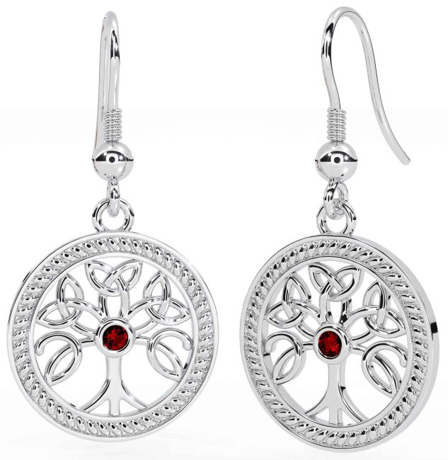 Garnet Silver Celtic Tree of Life Trinity Knot Dangle Earrings