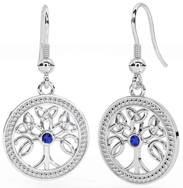 Sapphire Silver Celtic Tree of Life Trinity Knot Dangle Earrings