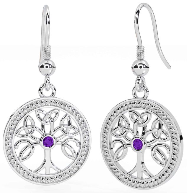 Amethyst White Gold Celtic Tree of Life Trinity Knot Dangle Earrings