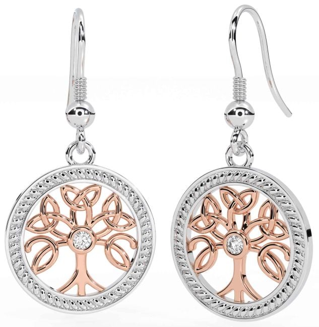 Diamond White Rose Gold Celtic Tree of Life Trinity Knot Dangle Earrings