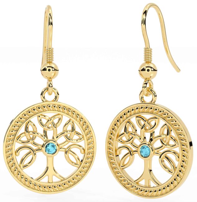 Aquamarine Gold Celtic Tree of Life Trinity Knot Dangle Earrings