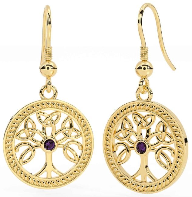 Alexandrite Gold Celtic Tree of Life Trinity Knot Dangle Earrings