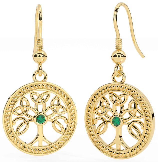 Emerald Gold Celtic Tree of Life Trinity Knot Dangle Earrings