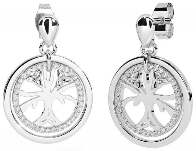 Diamond White Gold Celtic Tree of Life Trinity Knot Dangle Earrings