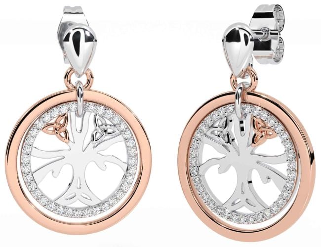 Diamond White Rose Gold Celtic Tree of Life Trinity Knot Dangle Earrings