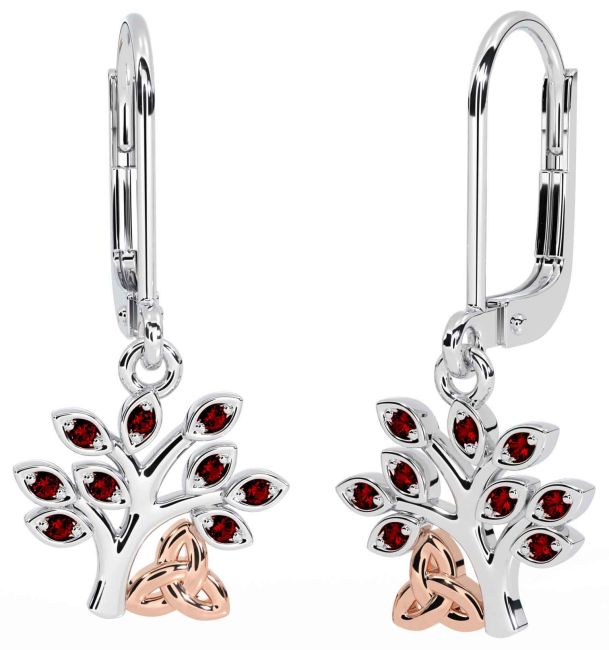 Garnet Rose Gold Silver Celtic Tree of Life Trinity Knot Dangle Earrings