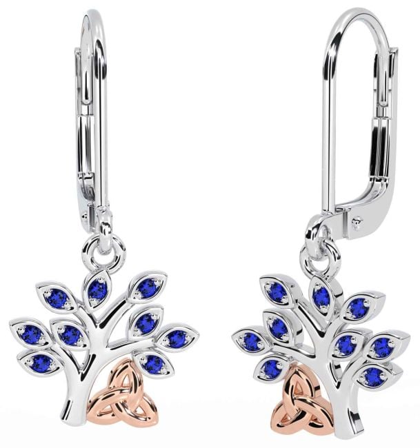 Sapphire Rose Gold Silver Celtic Tree of Life Trinity Knot Dangle Earrings