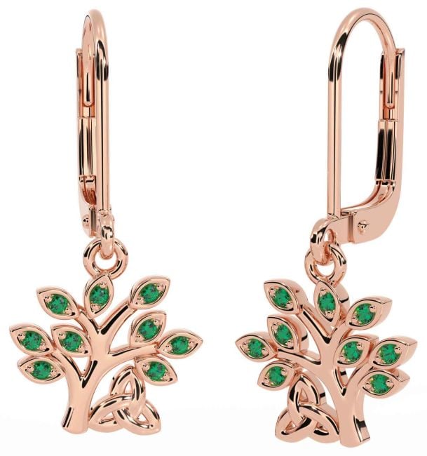 Emerald Rose Gold Silver Celtic Tree of Life Trinity Knot Dangle Earrings