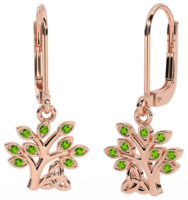 Peridot Rose Gold Silver Celtic Tree of Life Trinity Knot Dangle Earrings