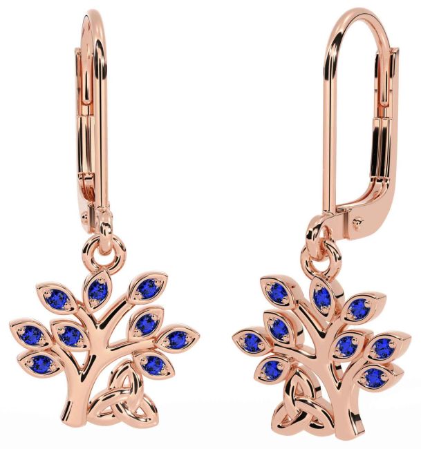 Sapphire Rose Gold Celtic Tree of Life Trinity Knot Dangle Earrings