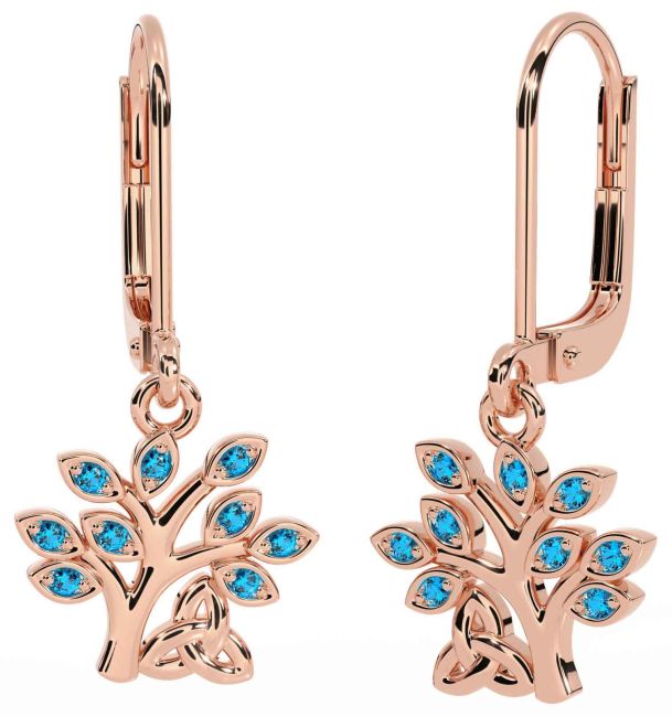 Topaz Rose Gold Celtic Tree of Life Trinity Knot Dangle Earrings