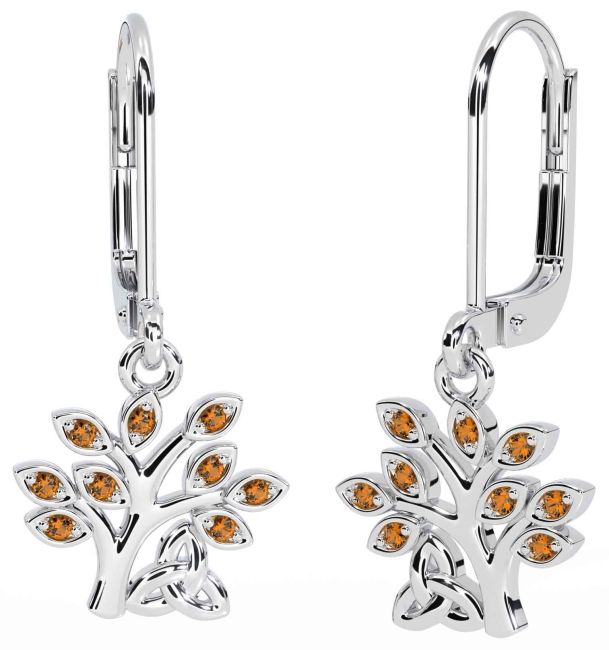 Citrine Silver Celtic Tree of Life Trinity Knot Dangle Earrings