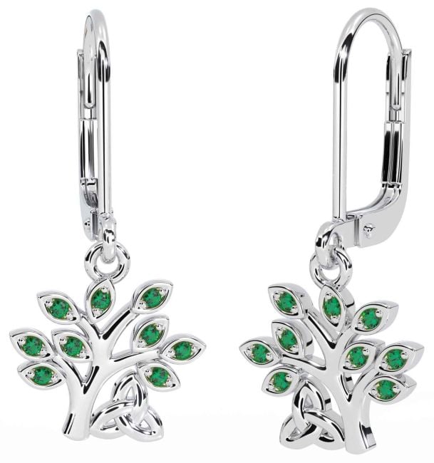 Emerald Silver Celtic Tree of Life Trinity Knot Dangle Earrings