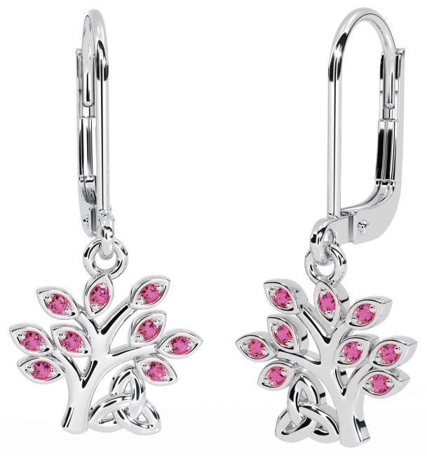 Pink Tourmaline Silver Celtic Tree of Life Trinity Knot Dangle Earrings