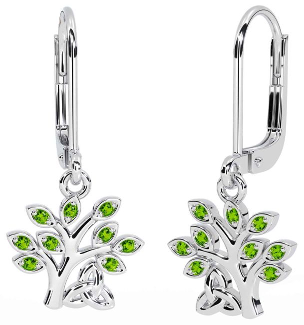 Peridot Silver Celtic Tree of Life Trinity Knot Dangle Earrings