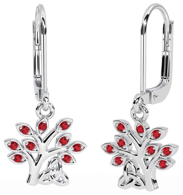 Ruby Silver Celtic Tree of Life Trinity Knot Dangle Earrings