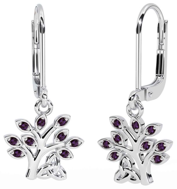 Alexandrite White Gold Celtic Tree of Life Trinity Knot Dangle Earrings