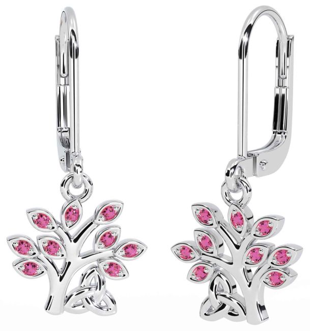 Pink Tourmaline White Gold Celtic Tree of Life Trinity Knot Dangle Earrings