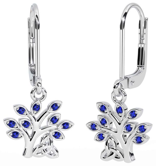 Sapphire White Gold Celtic Tree of Life Trinity Knot Dangle Earrings